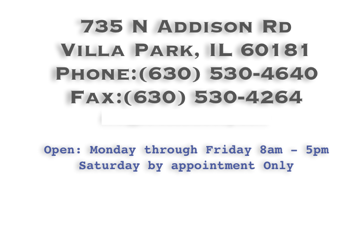 735 N Addison Rd
Villa Park, IL 60181
Phone:(630) 530-4640
Fax:(630) 530-4264
info@colesautobody.com

Open: Monday through Friday 8am - 5pm
Saturday by appointment Only